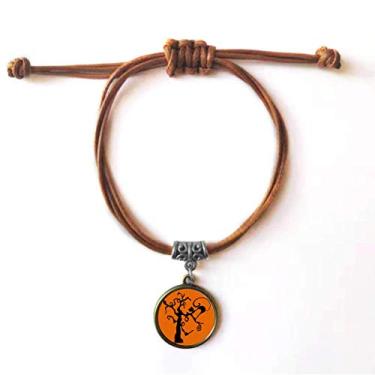 Imagem de DIYthinker Pulseira de couro laranja Hallowmas árvore de gato Halloween pulseira de couro marrom joia presente