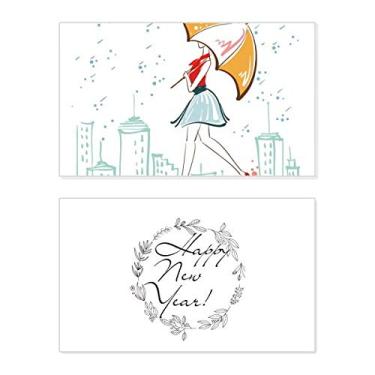 Imagem de Umbrella Rain Lady City Dress Festival Ano Novo Cartão de felicitações Bless Message Present
