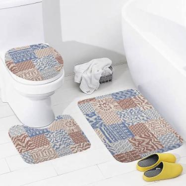 Imagem de Conjunto de tapetes de banheiro 3 peças de listras onduladas folhas, tapete de banheiro lavável antiderrapante, tapete de contorno e tampa para banheiro