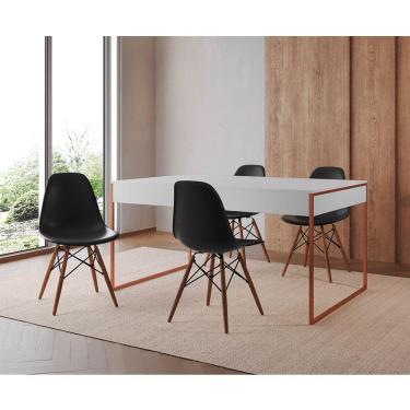 Imagem de Mesa Jantar Industrial Retangular Filadélfia Branca 137x90cm Base Cobre com 4 Cadeiras Pretas Eiffel
