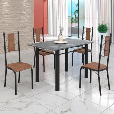 Imagem de Conjunto Sala de Jantar Bahia Mesa Tubo 120x75cm Tampo Pedra Granito Topázio com 4 Cadeiras Marrom/Preto Fosco
