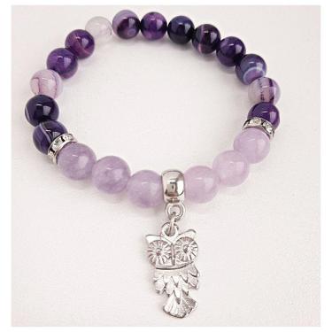 Imagem de Pulseira Ametista Em Ágata Roxa Jade Lilás Pingente Coruja