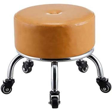 Imagem de Banco baixo rolante redondo de couro PU com 5 rodas, estofamento de assento grosso, banco baixo doméstico multifuncional para pedicure e esfregar o chão, amarelo