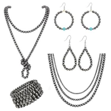 Imagem de JEWPARK Conjunto de 5 peças de joias ocidentais navajo colar de pérolas brincos e pulseiras para mulheres Western Cowgirl com contas boho vintage gargantilha joias presentes, Metal, Zircônia cúbica