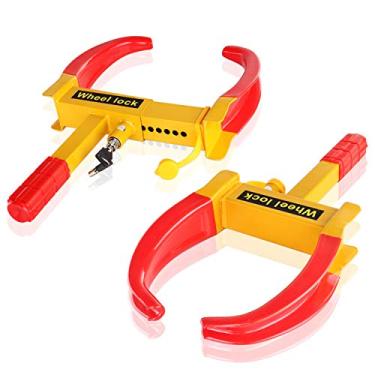 Imagem de Flexzion Braçadeira de pneu de segurança com trava de roda (pacote com 2) bota de estacionamento antirroubo garra de pneu resistente ajustável para carro Rv SUV caravana caminhão barco reboque