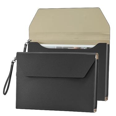 Imagem de VANRA Pasta organizadora expansível de couro PU, porta-documentos, bolso para arquivos, envelope com alça de mão e fecho magnético para papel tamanho carta A4 (preto)