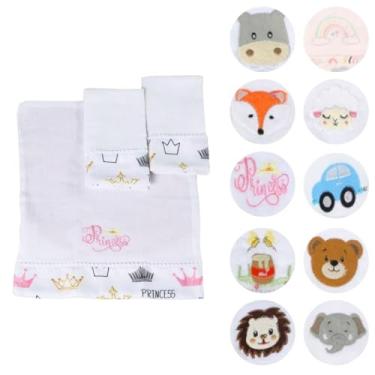 Imagem de Fraldas de Boca Para Bebê Estampada Bordada 30x40 com Tecido Duplo 03 Peças (Princess Rosa)