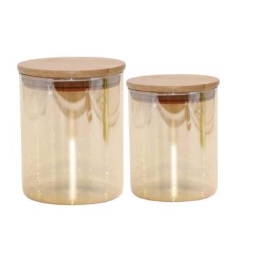 Imagem de Pote de vidro ambar liso redondo com tampa hermetica de madeira / bamb