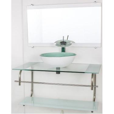 Imagem de Gabinete de vidro para banheiro inox 90cm cuba redonda branco - Cubas 