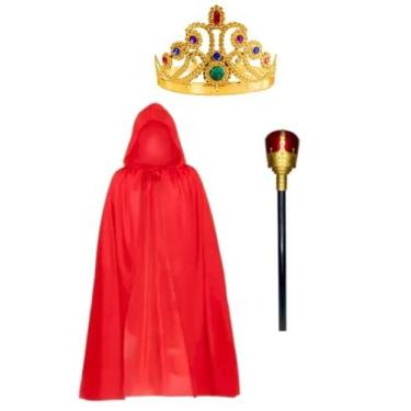 Imagem de Fantasia Rainha Coroa + Cetro +Capa Vermelha Halloween Carnaval - Bwx