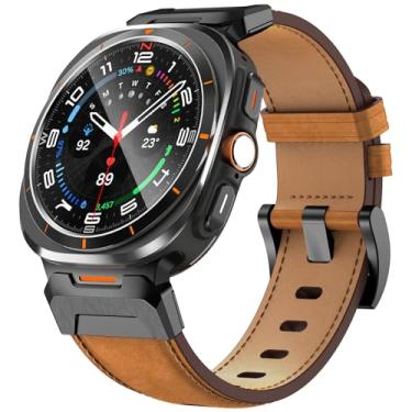 Imagem de FULLIFE Pulseiras de couro compatíveis com Samsung Galaxy Watch 7 Ultra de 47 mm, conector de metal de aço inoxidável resistente, pulseira de couro genuíno alargado para Samsung Watch Ultra 7,