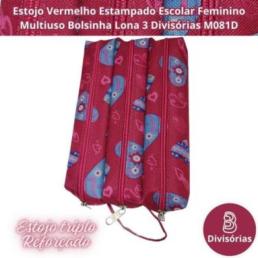 Imagem de Estojo Vermelho Estampado Escolar Feminino Multiuso Bolsinha Lona 3 Di