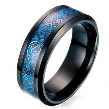 Imagem de JAJAFOOK Anel masculino de fibra de carbono preta de 8 mm com efeito luminoso celta dragão azul brilhante no escuro, Metal, Sem pedra preciosa