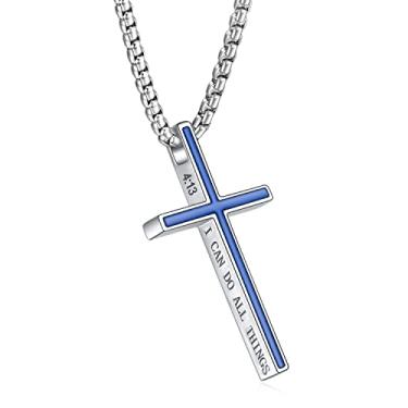 Imagem de Colar de cruz de aço inoxidável para homens e meninos, Filipenses 4:13 I CAN DO ALL THINGS Colar com pingente de versículo da Bíblia Joia cristã, Aço inoxidável, --,