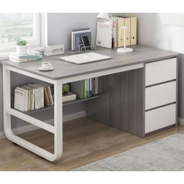 Imagem de Mesa de escritório multifuncional moderna com 3 gavetas e prateleiras de armazenamento – mesa ajustável para estação de trabalho de computador e área de estudo, cinza, 100 x 48 x 75 cm