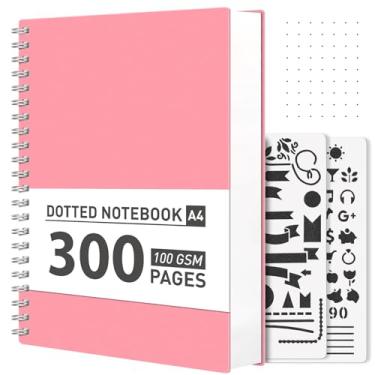 Imagem de AHGXG Caderno espiral de diário pontilhado de bala – Caderno grande A4 pontilhado 21 cm × 28 cm, 300 páginas, papel grosso de 100 g/m², capa dura de plástico, com estênceis de diário – rosa