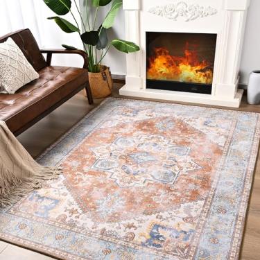 Imagem de ST. BRIDGE Tapete de área macio 10 x 15, tapete vintage lavável para quarto sala de estar, tapete antiderrapante com detalhes coloridos, tapete de chão interno para sala de jantar escritório sala de jogos berçário decoração de casa, tijolo/azul