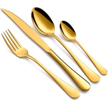 Imagem de Conjunto de talheres de dourado de 24 peças Faqueiro de aço inoxidável 18/0 Serviço jogo de talheres com dourado para 6 facas de jantar Garfos Colhere Conjunto de talheres Acabamento espelhado