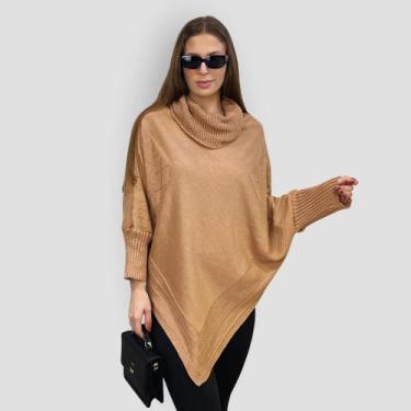 Imagem de Poncho Bico Tricot Gola Alta Punho Feminino Inverno Casaco - GIP, Nude
