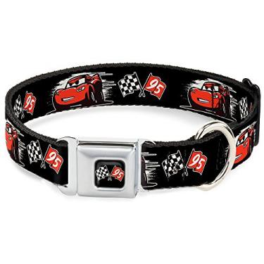Imagem de Buckle-Down Coleira para cachorro com cinto de segurança DC-WDY405-S, pequena, carros 3 Lightning McQueen caricatura/bandeiras de corrida preto/branco/vermelho