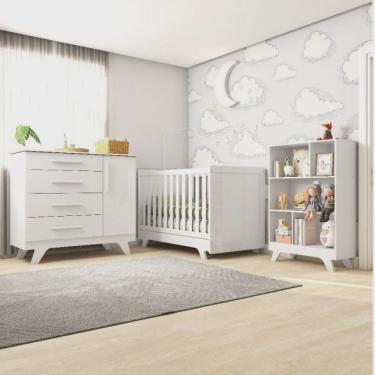 Imagem de Quarto de Bebê com Berço Mini Cama Cômoda e Estante 5 Nichos Kakau Retrô Espresso Móveis