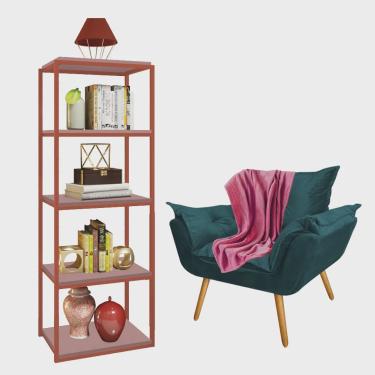 Imagem de Kit Poltrona Fatte com Manta Soft e Estante Livreiro Ferro Bronze mdf Rose Suede Azul Turquesa - Ahazzo Móveis