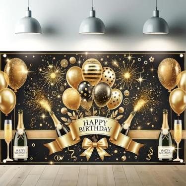 Imagem de Starlit Patio Banner de fundo de festa de feliz aniversário para homens e mulheres, balões de champanhe, decorações de festa, fundo fotográfico para bebês, adultos, aniversário, 188 x 109 cm