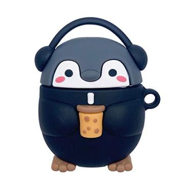 Imagem de BONTOUJOUR Capa de fone de ouvido compatível com AirPods 1/2, fone de ouvido super fofo pinguim bebê com leite e chá na mão, capa de proteção de silicone macio Kawaii elegante - preta