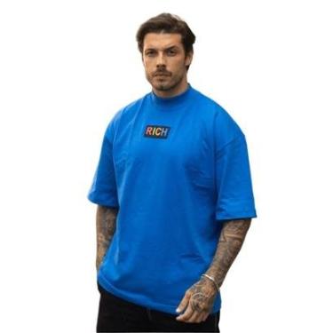 Imagem de Camiseta Oversized Gola Alta Borracha Colorida Streetwear Confortavel Masculina Azul-Masculino