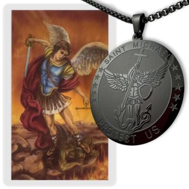 Imagem de Montserrat Abbey Pacote de Medalha de São Miguel e Cartão de Oração – Cartão Sagrado Laminado com Oração de São Miguel e Colar de Medalha de Aço Inoxidável Preto – Conjunto Devocional Católico para
