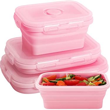 Imagem de Collapsible Silicone Food Storage Containers with Lids,Set of 3 Silicone Lunch Box Containers,Foldable Meal Prep Container for Kitchen,Microwave & Dishwasher & Freezer Safe,BPA Free(Square Pink,3PCS)