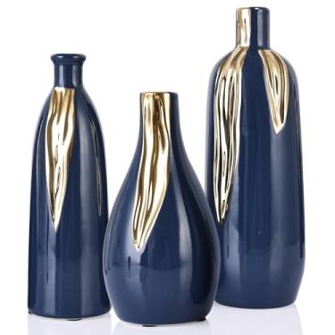 Imagem de Conjunto de 3 peças de vaso de cerâmica, azul e dourado para decoração de casa, vasos de fazenda, vasos decorativos para cornija, prateleira e decoração de entrada, centros de mesa de jantar, salas de