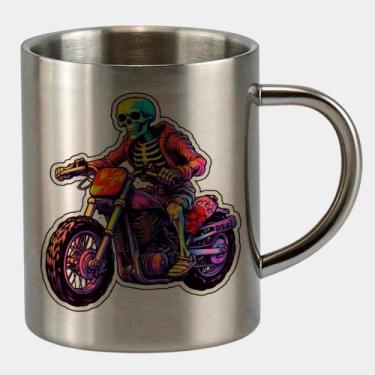 Imagem de Caneca de Inox Premium Prateada 400ml CAVEIRA MOTOCICLETA COLORIDO - C