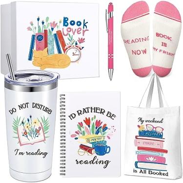 Imagem de Rtteri Conjunto de 6 peças de presentes para amantes de livros, sacola, divertido, novidade, meias 355 ml, copo de vinho, caixa de presente para estudantes, professores, leitores, bibliotecários (fofo)