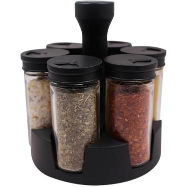 Imagem de Porta Condimentos Temperos Organizador Giratório 360º 6 Potes Vidro Tampa Dosadora Preto Linha Premium Rede Brink e Lar