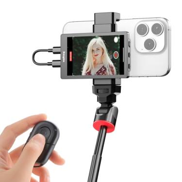 Imagem de Tela para celular King Ma para vlog e selfie, 4K, 30 fps, com fio, para câmera traseira de iPhone, com clipe magnético e controle remoto Bluetooth para vlog, transmissão ao vivo e TikTok