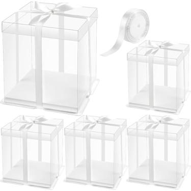 Imagem de Ocmoiy Caixa de bolo transparente de 8 × 8 × 9 pol. com fita, porta-bolo descartável branco de 5 peças com tampa para porta-bolo de 2 camadas, display e embalagem para presente