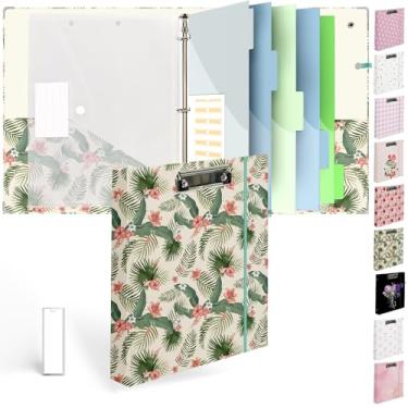 Imagem de Etzul Fichário de 3 anéis de 2,5 cm com prancheta - design de folha de palmeira tropical, inclui divisórias, saco de arquivo e etiqueta de lombada - perfeito para escola, escritório e organização