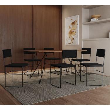 Imagem de Mesa Jantar Retangular Industrial Trama 1,50x0,90m Amêndoa Com 6 Cadeiras Estofadas Vitória Preta Marrom