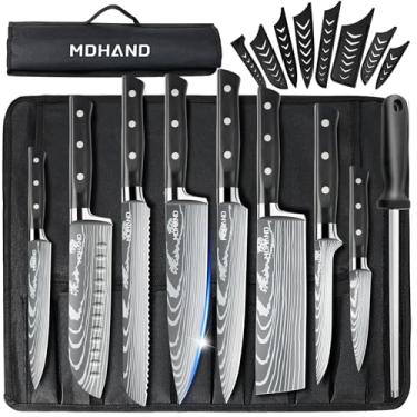 Imagem de MDHAND Conjunto De Facas Chef Profissional Com Bolsa Para Enrolar, 9 Peças Afiador Cozinha Japonês, Aço Inoxidável Alto Carbono - Rebite Triplo Forjado, Lavável Na Máquina Lavar Louça, Presentes, Pr