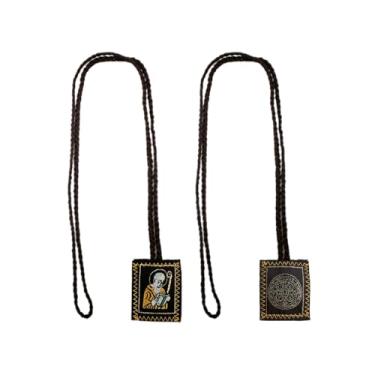 Imagem de Colar Escapulário Vermelho São Bento, Pacote com 2, Cordão Marrom, Escapulário Católico Pingente de Medalha de São Bento Espelho Retrovisor ou Pingente de Bênção da Casa, One Size, cordão, Sem Pedra