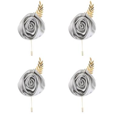 Imagem de Terno masculino rosa de seda sintética, flor artificial e broche de folhas douradas, alfinete de lapela para noivo padrinho, casamento, baile, baile, festa, 6-Pack, Poliéster, Sem Pedra Preciosa