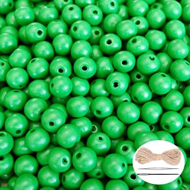 Imagem de 500 contas de madeira verdes para guirlandas, contas redondas soltas de madeira com orifício espaçador liso, esferas de madeira com corda de cânhamo de 10 m para decoração de casa - 10 mm