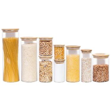 Imagem de Kit 9 Porta Condimentos Alimentos Potes De Vidro Tampa Bambu - Mm Hous