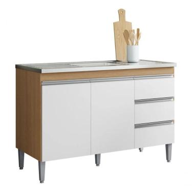 Imagem de Balcão De Cozinha Para Pia Andréia 120cm 2 Portas 3 Gavetas Sem Tampo Amêndoa/Branco