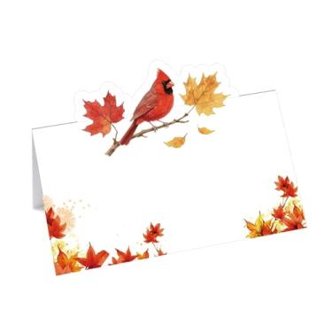 Imagem de 100 peças de cartões de lugar de pássaros vermelhos Sparrowiys para eventos, arranjo de mesa, barracas, folhas de ácer cortadas e design de pássaros, cartões de nome para assentos de casamento, festas