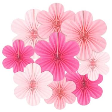 Imagem de Conjunto de 9 peças de decoração de flores de papel rosa choque, ventiladores de papel para pendurar, ornamentos de pano de fundo floral, perfeito para aniversário da Hello Kitty, festas de meninas