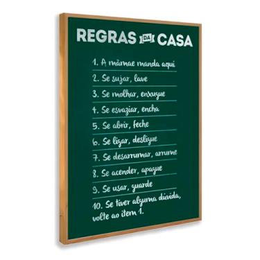 Imagem de Quadro Decorativo Regras da Casa Com Moldura Frase Divertida Lousa Verde Familiar Engraçado Lista Cozinha Mãe Família Organização Criativa