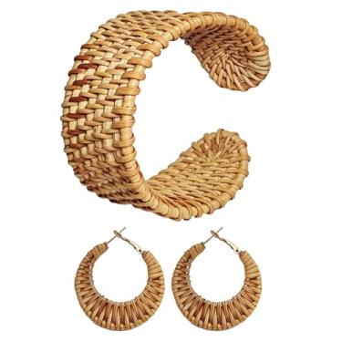 Imagem de AOKILOM Conjunto de 2 peças de brincos e pulseira de vime tecidos à mão para mulheres - argolas boho leves + punho ajustável, joias de palha natural