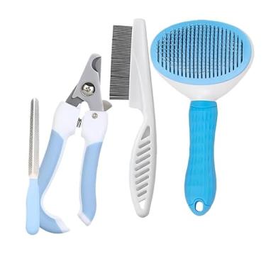 Imagem de KIT 4 Pçs para Pets: Escova Removedora Tira Pelos de Cães E Gatos +Pente de Pulgas+Cortador de Unhas+Lixa de Unha PET-01